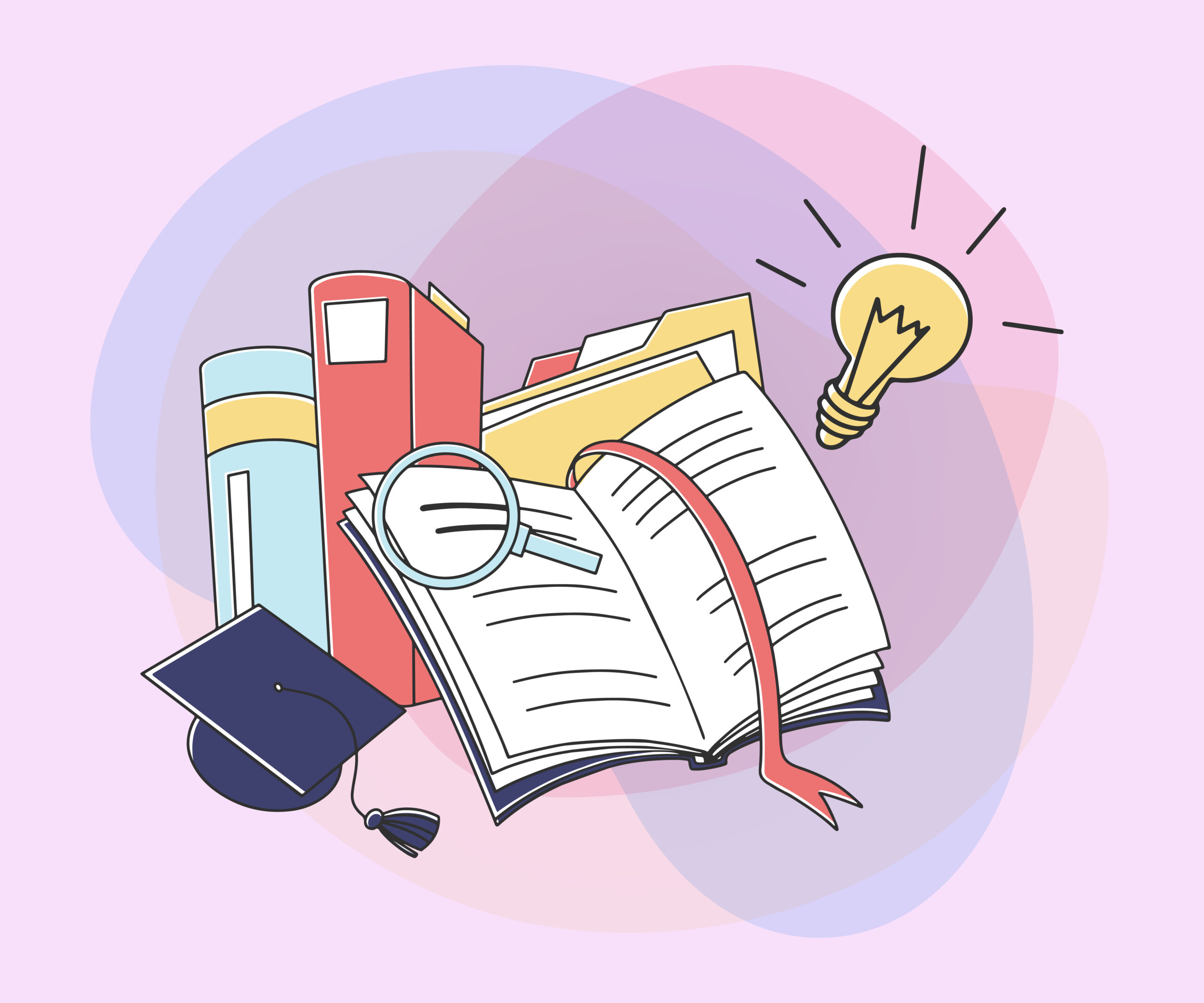 Open book with bookmark and magnifying glass. Textbooks, folders, graduation hat, lightbulb as new idea. Vector illustration for knowledge, distant education, internet course, school concept